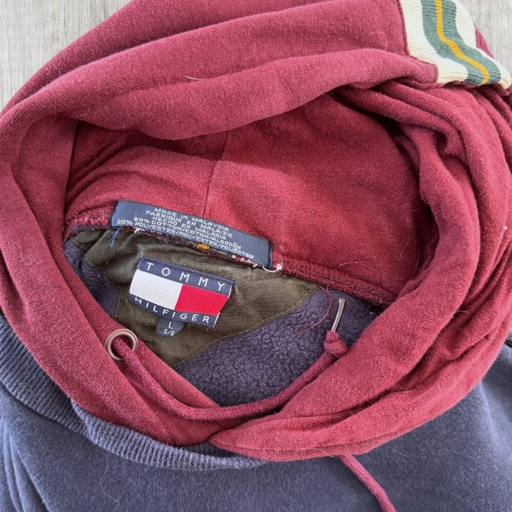 Vintage Tommy Hilfiger Crest Hoodie Rugby Striped Hood Colorblock Distressed L - Picture 9 of 12